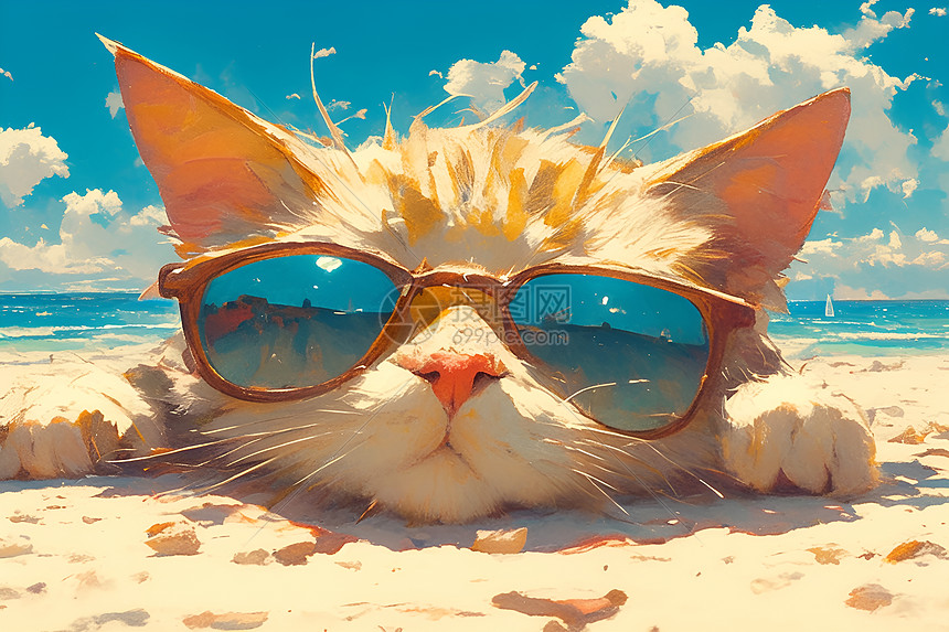 沙滩上戴着墨镜的猫图片