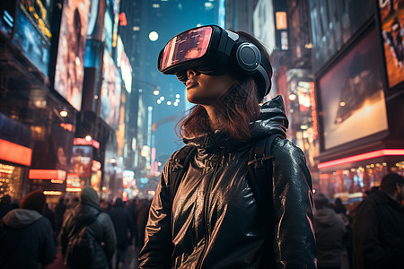 VR特效未来之城穿戴虚拟现实眼镜的女子背景