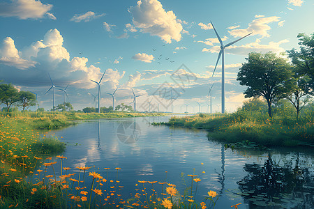 宁静河畔的风车背景图片