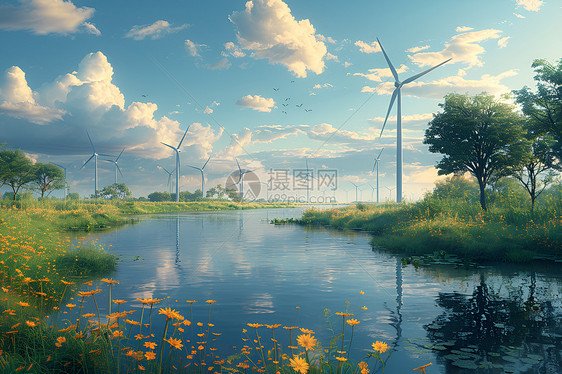 宁静河畔的风车图片