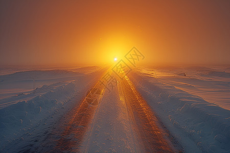 夕阳下冰雪覆盖的道路图片