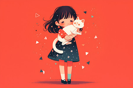红色背景下的少女和猫咪图片