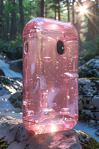 林间岩石上的粉色手机壳图片