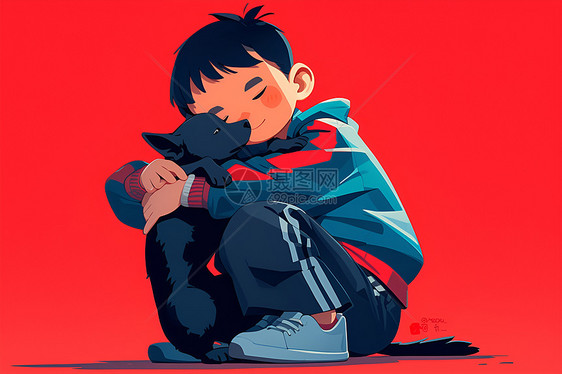 可爱的卡通男孩和黑色小狗图片