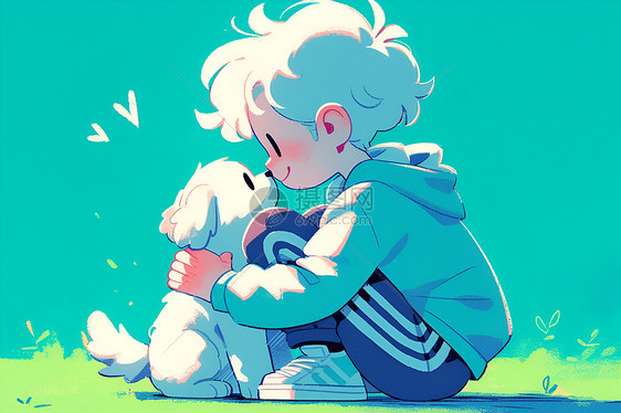 少年与小狗在绿色草地上图片