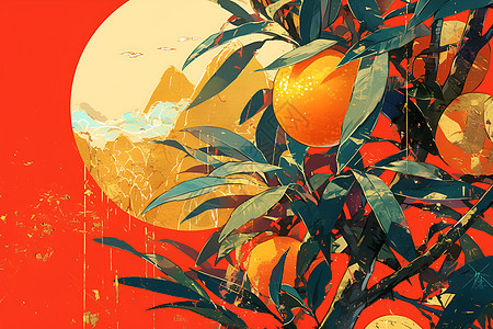 日落前的树木橙子图片