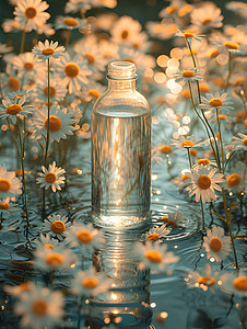 水面上的瓶子和花朵图片