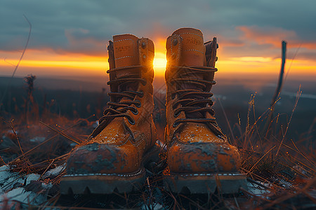 日落下山脉上的皮靴图片