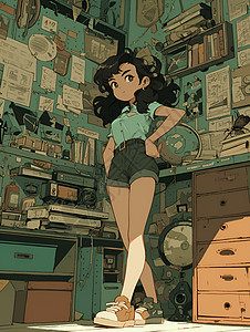 古董书架前的漫画女孩背景图片
