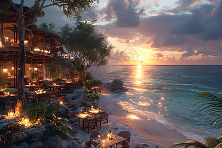 夕阳下的海滨餐厅图片