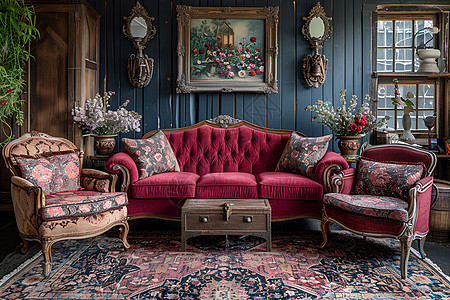 经典复古红色沙发客厅图片