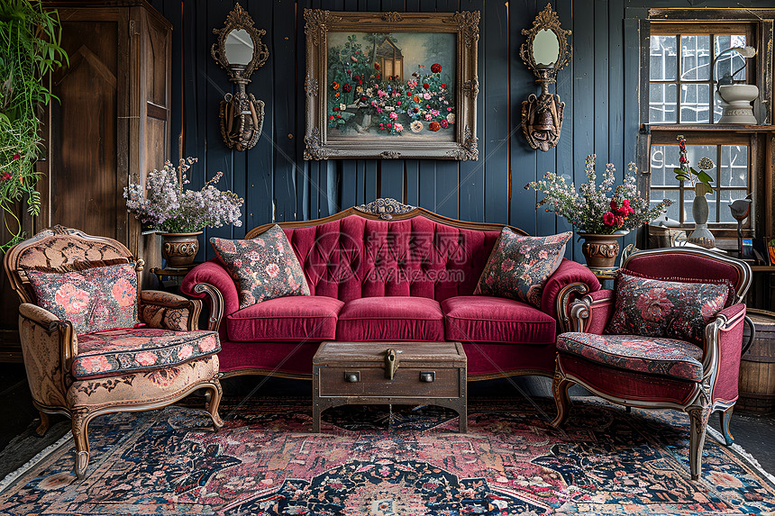经典复古红色沙发客厅图片