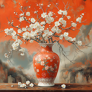 白花瓶红背景山水画风图片