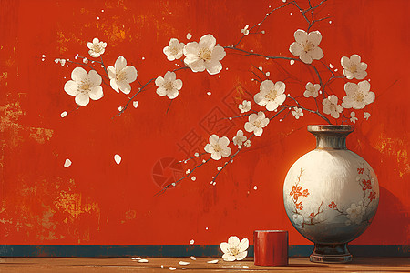 腊梅红墙的艺术背景图片
