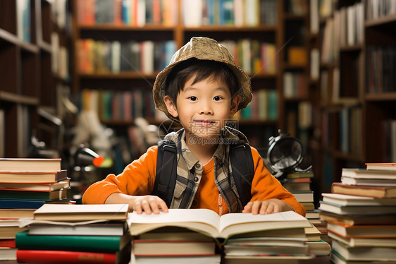 在图书馆的小男孩图片