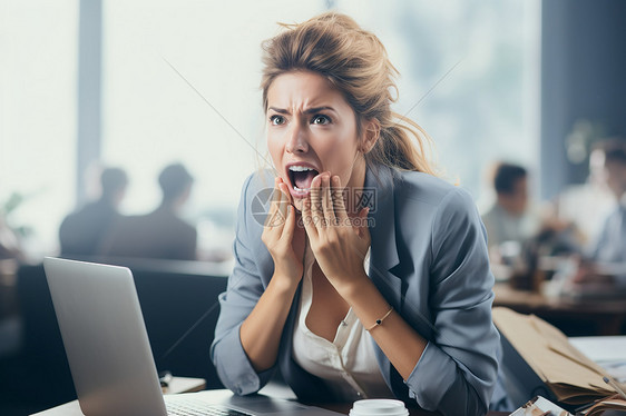 电脑屏幕前的女商人图片