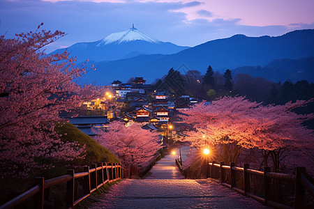 传统房屋前的花树道路图片