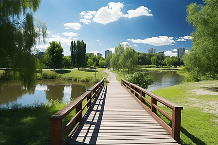 河流草地木质桥梁背景