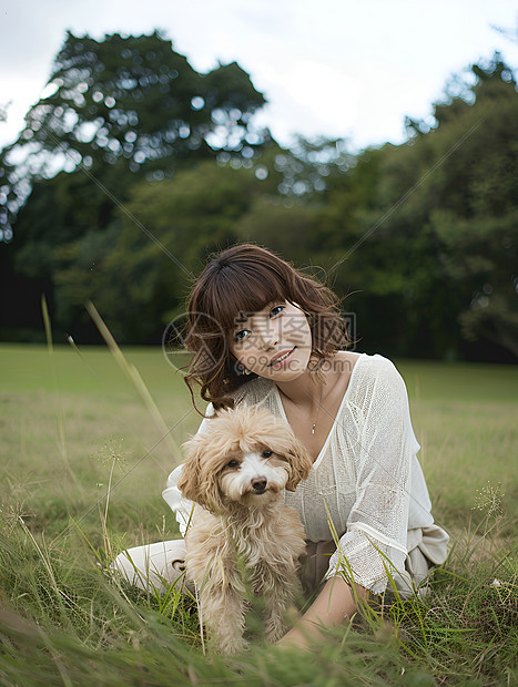 草地上的女人和狗图片
