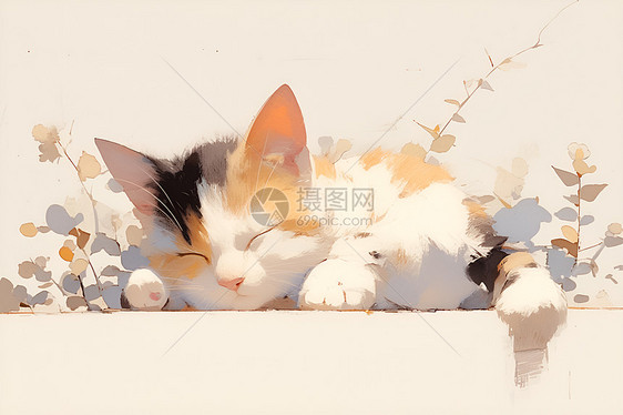 猫咪偎着花卉入眠图片