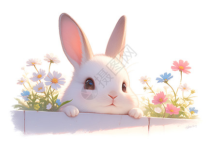 墙上出现可爱的兔子插画图片