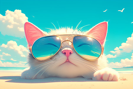 猫咪戴着太阳镜躺在沙滩上的阳光日子背景图片