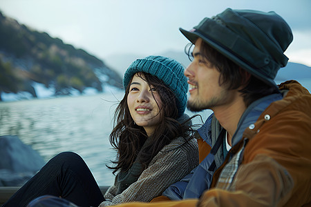 湖边的青年男女图片