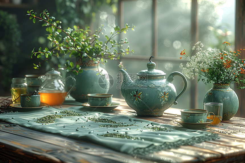 茶壶和盆栽图片