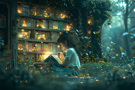 奇幻森林中看书的小女孩图片