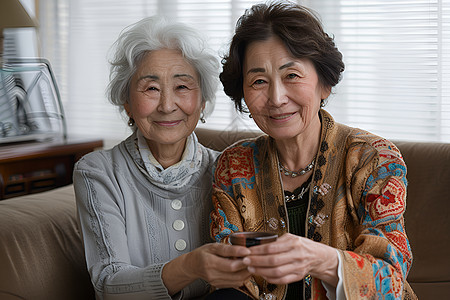 两位女性坐在沙发上喝茶图片