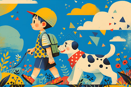 草地上放风筝的男孩和狗背景图片