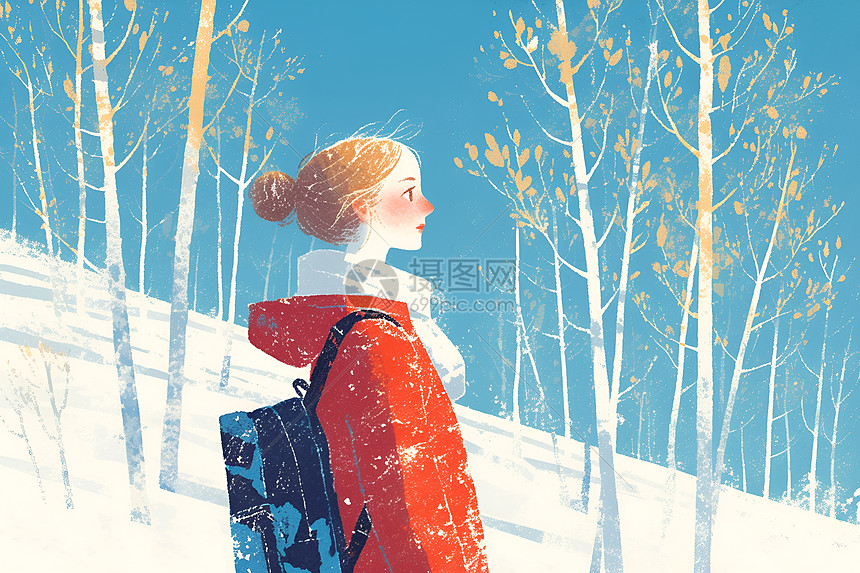红衣女子雪中冒险图片