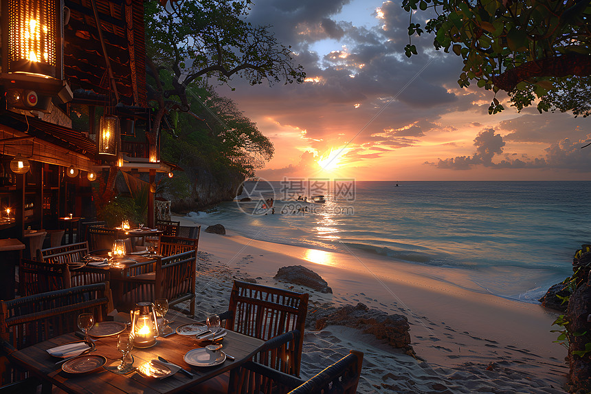 日落海边餐厅图片