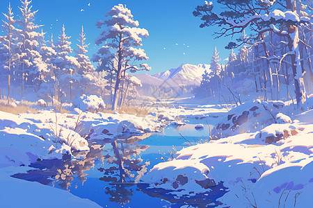 冬日梦幻森林溪流图片