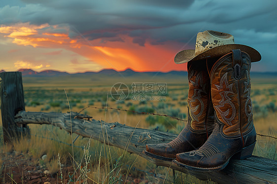 草原上的牛仔靴和帽子图片