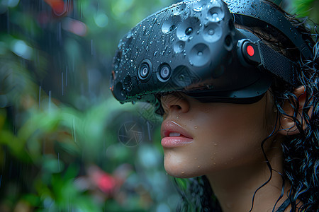 雨幕中戴VR的少女图片