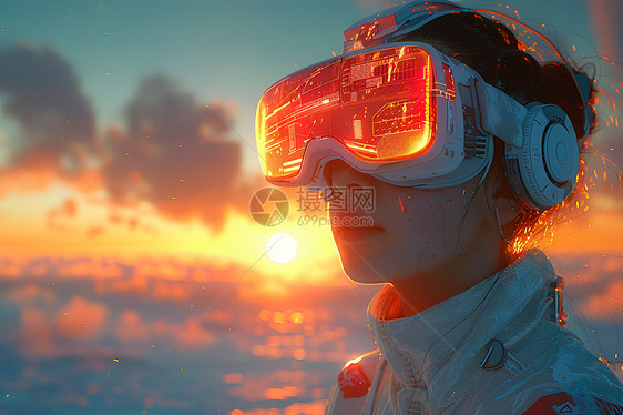 夕阳下戴VR眼镜的少女图片