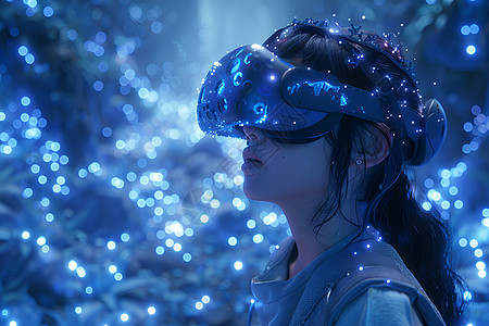 虚拟现实中戴VR眼镜的少女图片