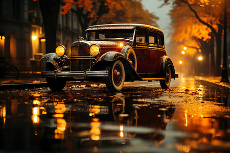 夜雨中的复古汽车图片