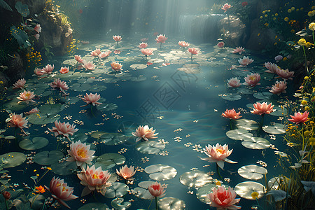 水流中的荷叶粉色花朵图片