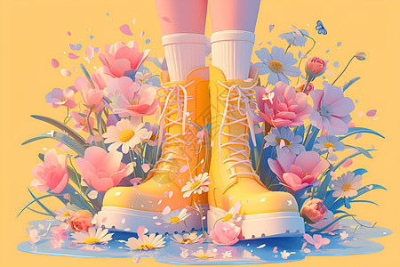 花朵中的黄色鞋子图片