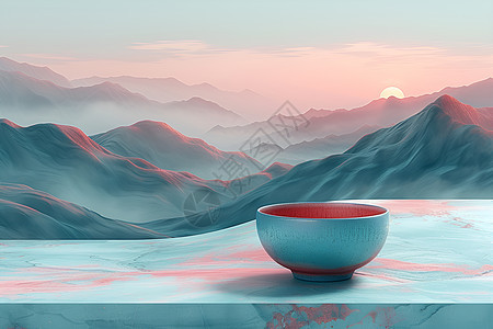 山水风景和陶瓷碗背景图片
