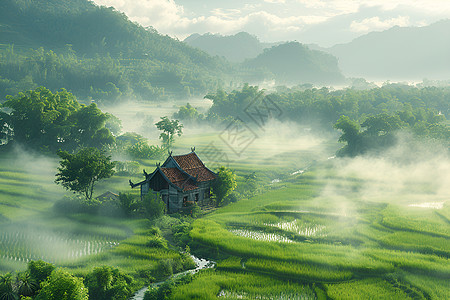 运输粮食清晨的稻田背景