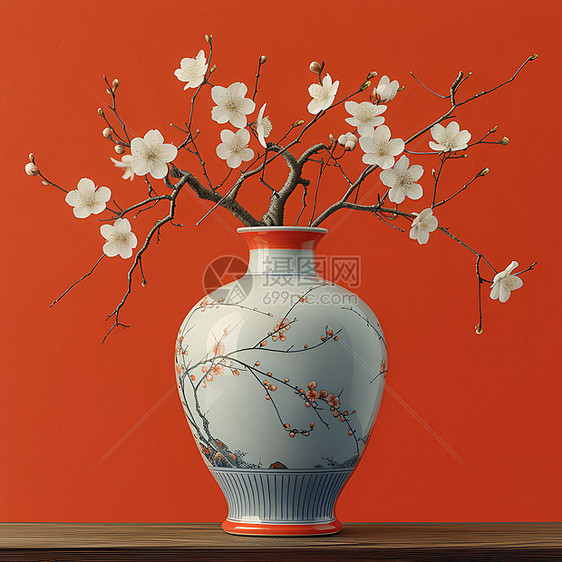 花瓶与雅致的白色梅花图片