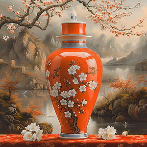 白色梅花装饰的瓷器花瓶图片