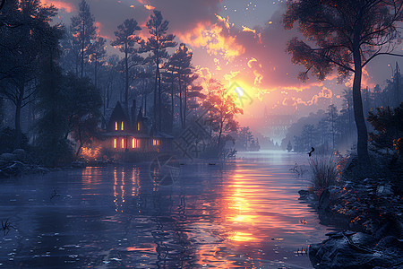 月夜下的湖泊背景图片