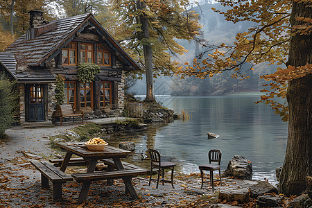 花园美景湖畔咖啡馆宁静美食与大自然的相遇背景