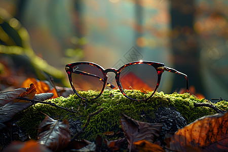 森林苔藓上的眼镜高清图片