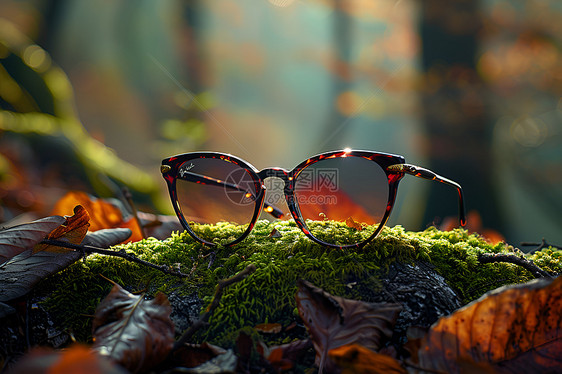 森林苔藓上的眼镜图片