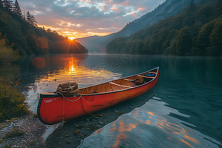 宁静湖畔的红色独木舟图片
